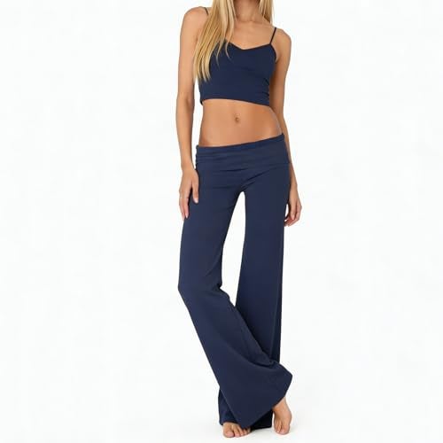 FOMOYUU Lounge Yoga Pants for Women Fold Over Low Waist Wide Leg Sweatpants Flare Leggings Bell Bottoms Y2K Foldover Pants (Royal Blue, S) - Image 4