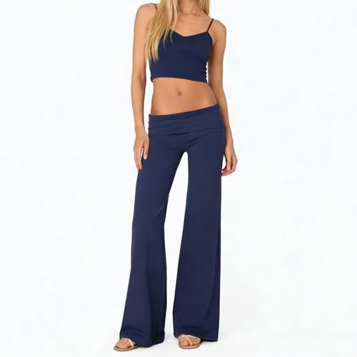 FOMOYUU Lounge Yoga Pants for Women Fold Over Low Waist Wide Leg Sweatpants Flare Leggings Bell Bottoms Y2K Foldover Pants (Royal Blue, S) - Image 2