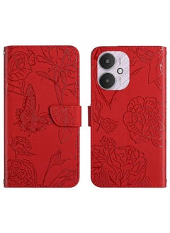 HuHa Case Cover For Xiaomi Redmi 13C 5G Skin Feel Butterfly Embossed Flip Leather Phone Case Red 
