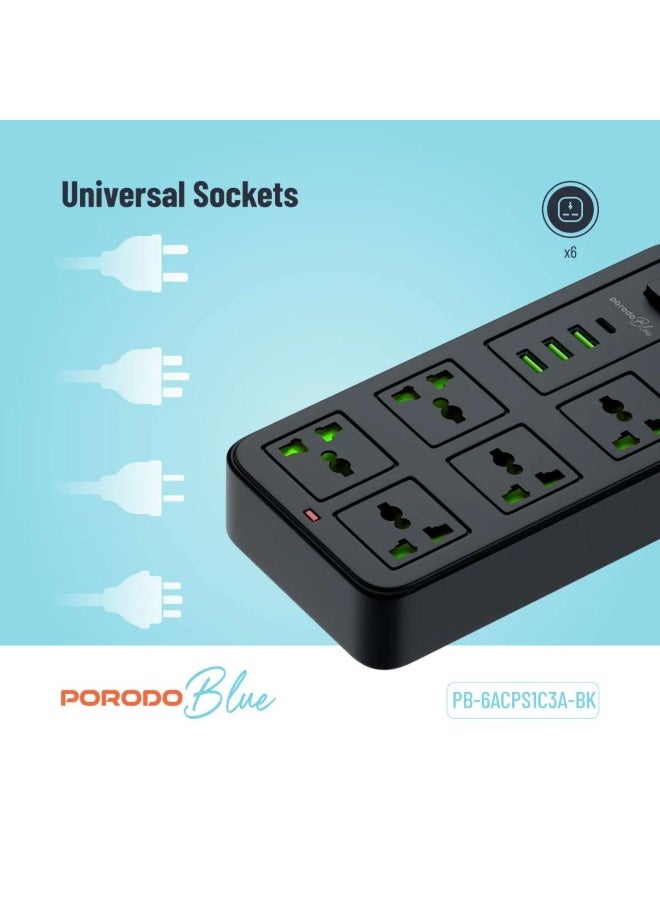 Porodo Blue 6 Universal Socket Power Strip 3m Cable with 3 USB-A & 1 USB-C Charging Ports - Image 3