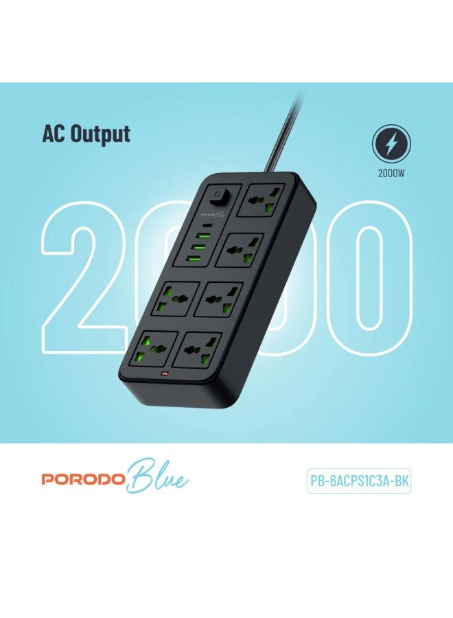 Porodo Blue 6 Universal Socket Power Strip 3m Cable with 3 USB-A & 1 USB-C Charging Ports - Image 2