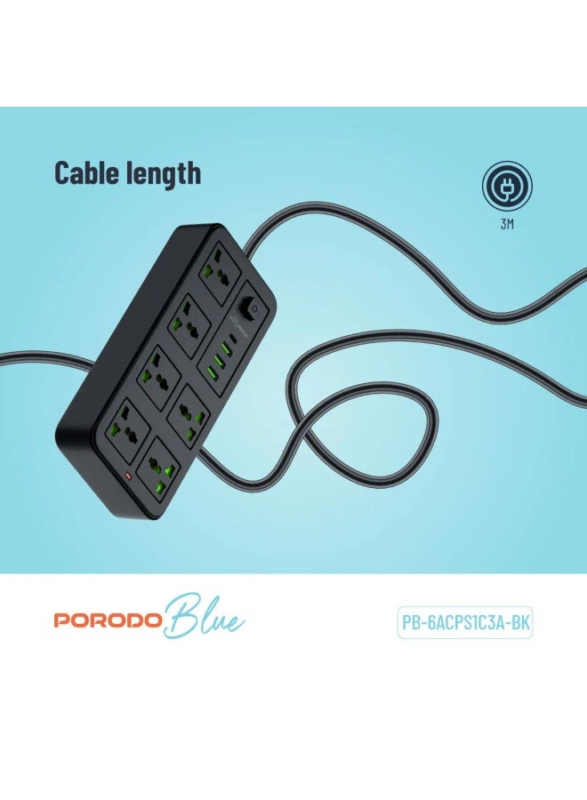 Porodo Blue 6 Universal Socket Power Strip 3m Cable with 3 USB-A & 1 USB-C Charging Ports - Image 4