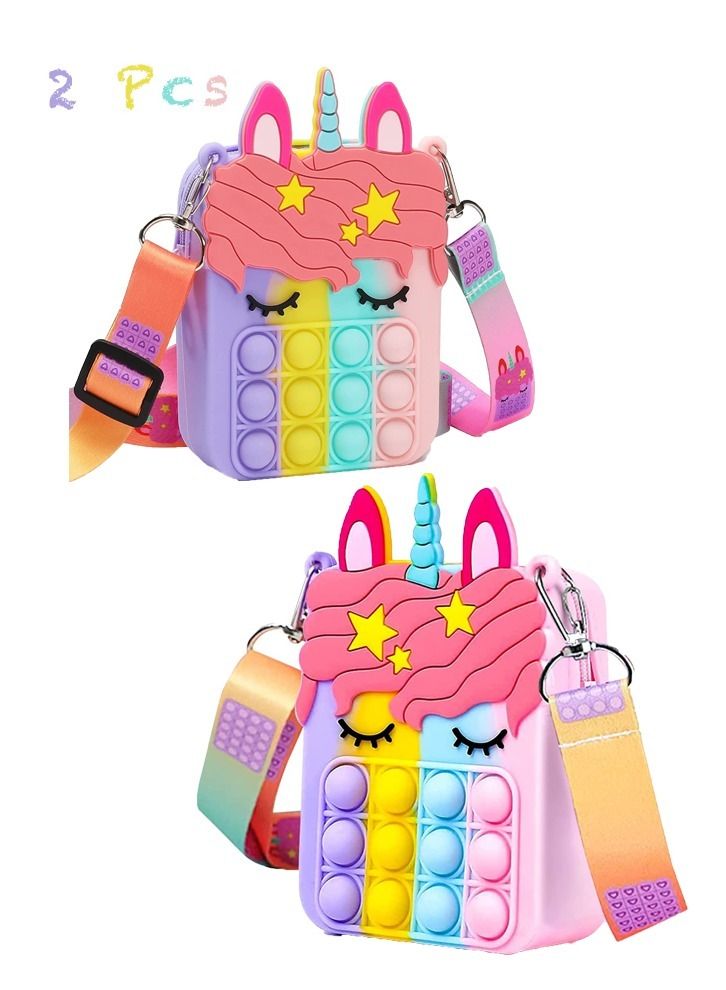 LEDIN Rainbow Pop Shoulder Bag for Girls and Women Big Pop Purse Bags Lovely Sensory Silicone Cartoon Bag Toy for Students Kids Unicorn Purse Crossbody Bag Pop Fidget Toy Purse Bags(Pack of 2) - Image 1
