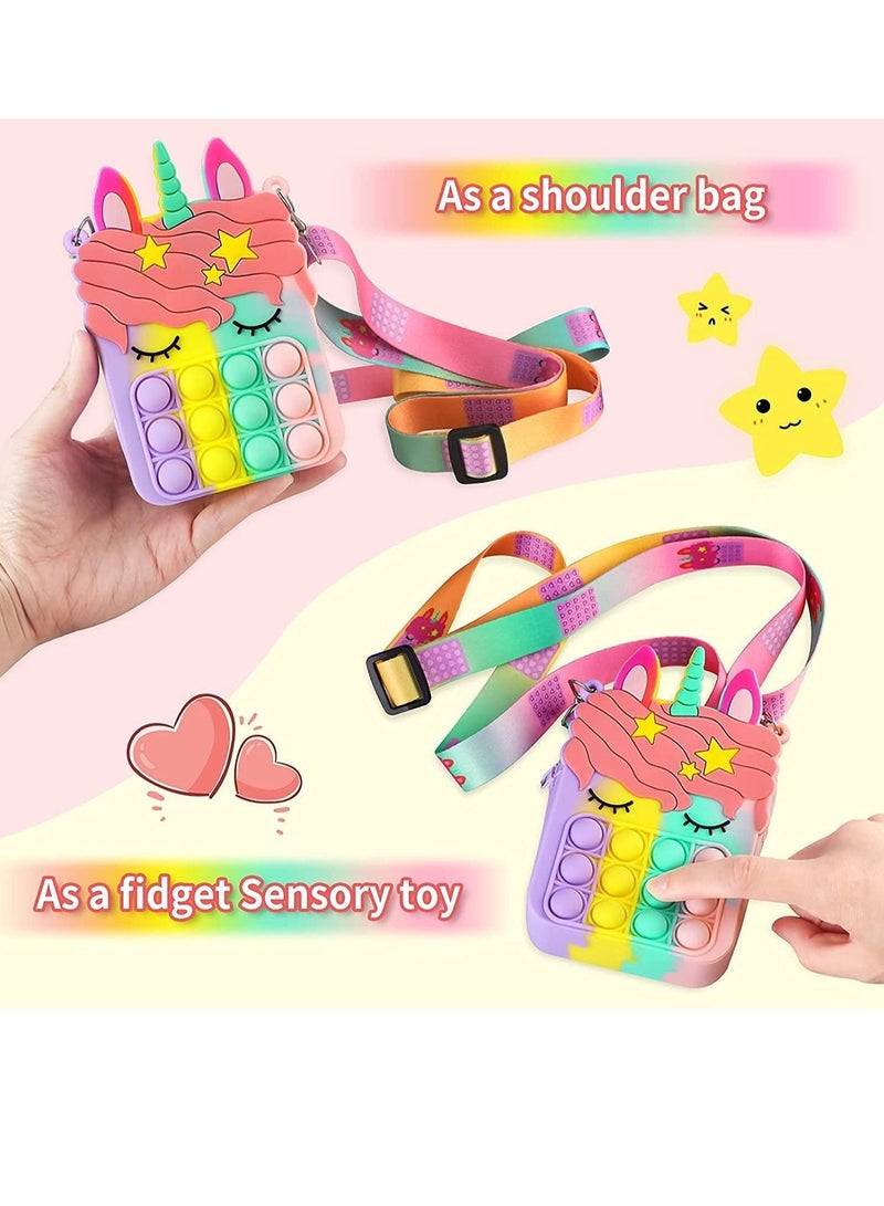 LEDIN Rainbow Pop Shoulder Bag for Girls and Women Big Pop Purse Bags Lovely Sensory Silicone Cartoon Bag Toy for Students Kids Unicorn Purse Crossbody Bag Pop Fidget Toy Purse Bags(Pack of 2) - Image 5