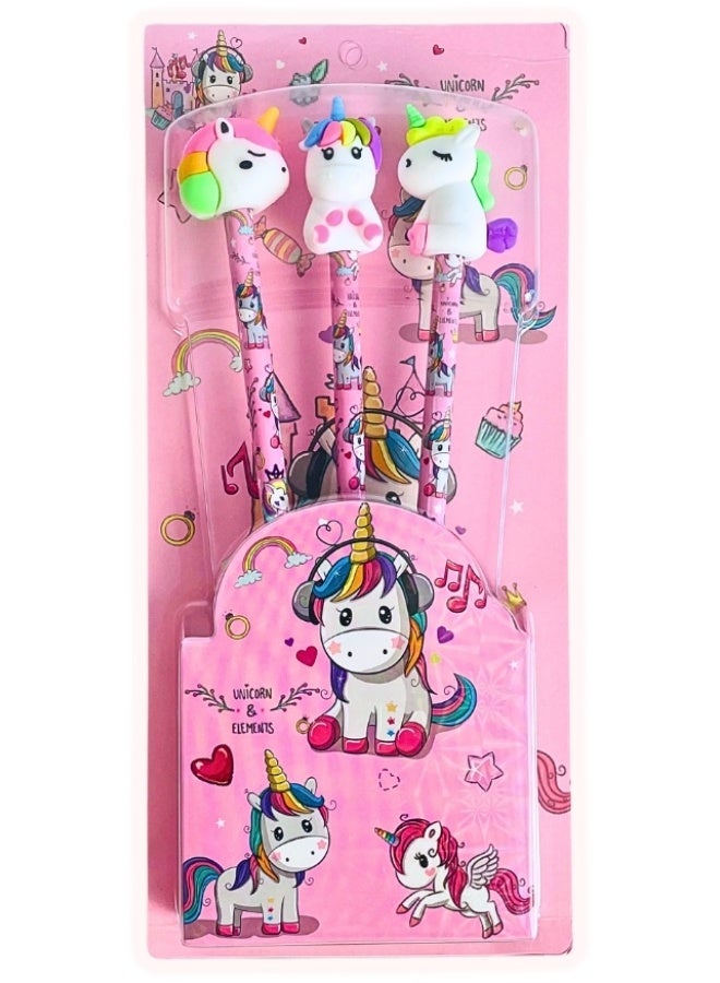 اقلام رصاص بشكل يونيكورن مع كاب من السيلكون على شكل يوني كورن 3 قطع - Image 1
