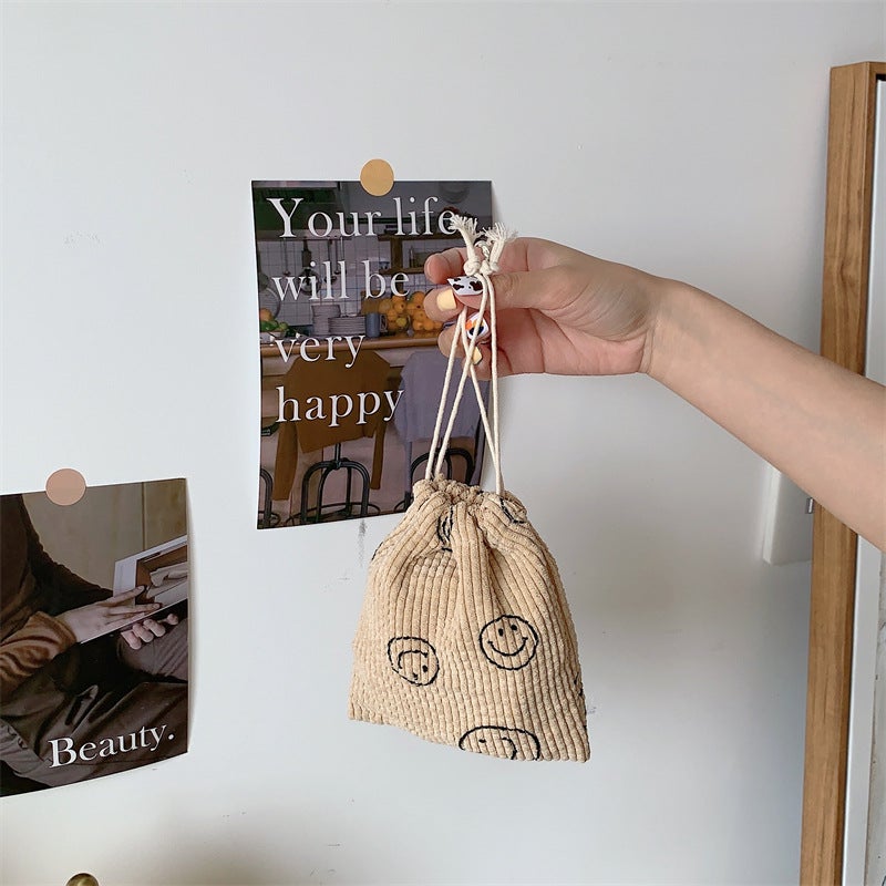 Retro Corduroy Smiley Drawstring Tote Bag Khakis Smiley small size 