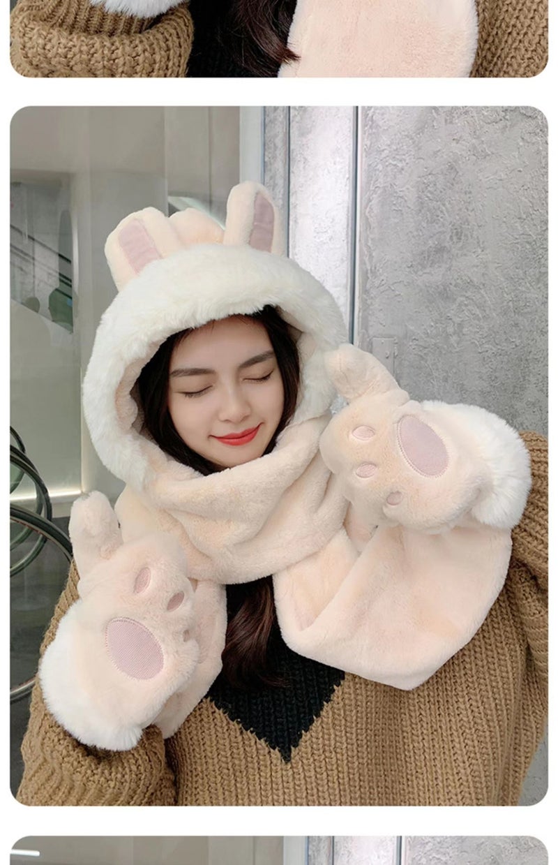 Cute Plush Bear Scarf Hat Gloves Set for Women Gloves Rabbit Beige