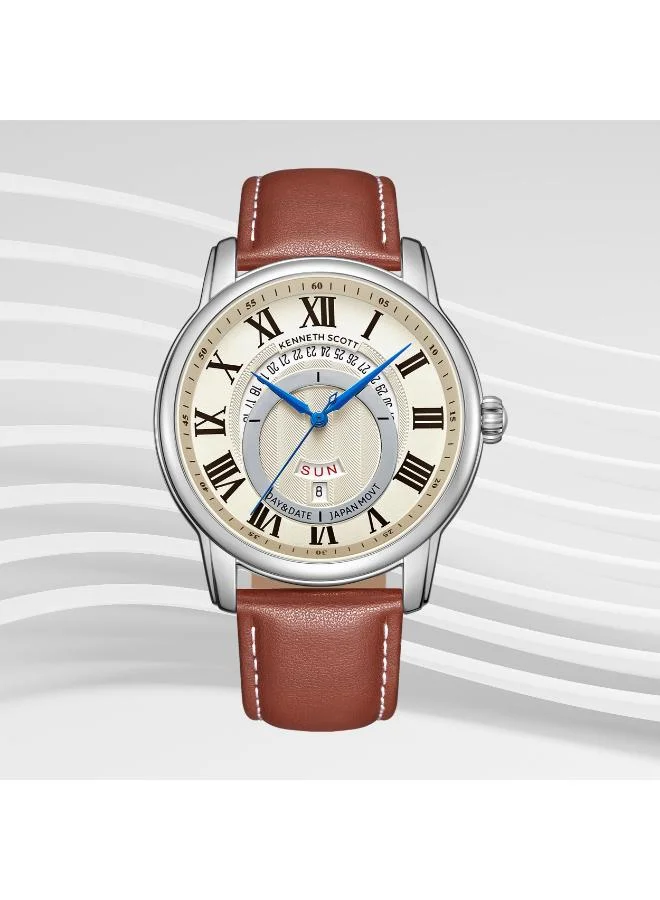 KENNETH SCOTT Men's Leather  Analog Watch K24020-SLDI - 44 mm