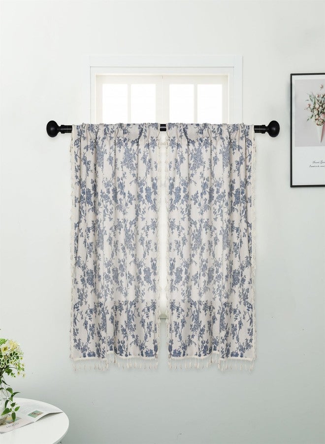 Moslovstar 2 Panels Linen Curtains with Tassels Farmhouse Blue Floral Vintage Semi Sheer Window Curtain for Kitchen Bathroom 26x36 Inch Tiered Curtain - Image 2