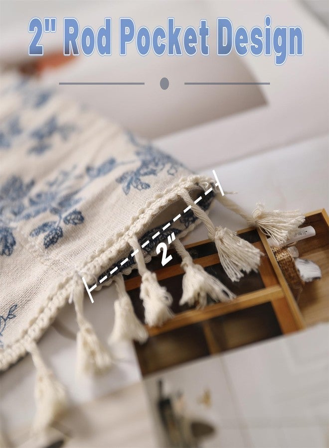 Moslovstar 2 Panels Linen Curtains with Tassels Farmhouse Blue Floral Vintage Semi Sheer Window Curtain for Kitchen Bathroom 26x36 Inch Tiered Curtain - Image 4