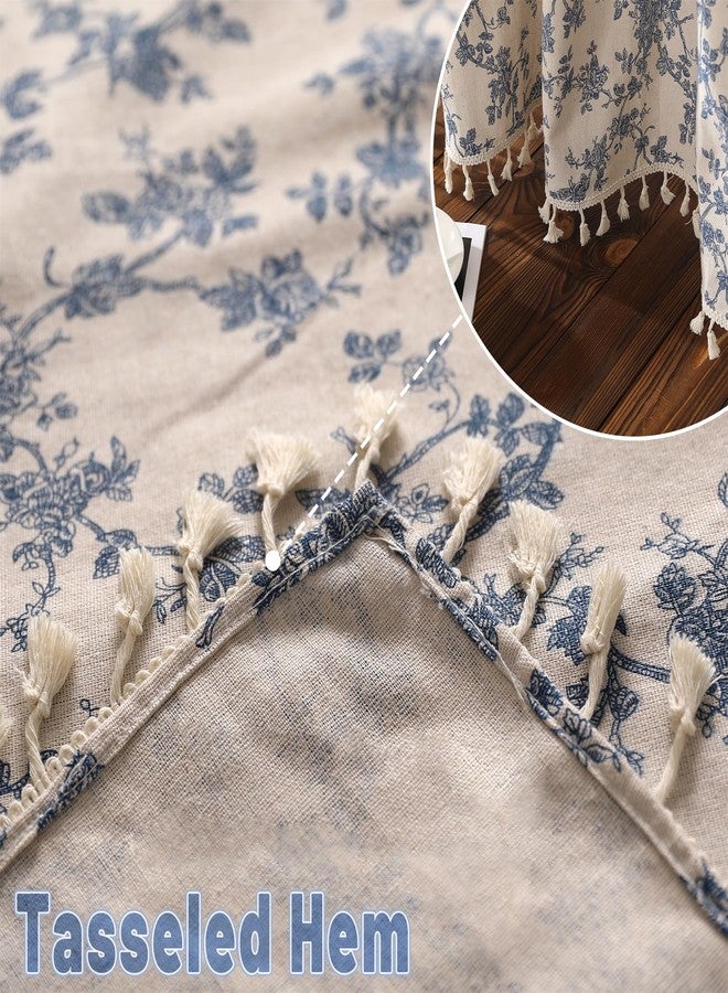 Moslovstar 2 Panels Linen Curtains with Tassels Farmhouse Blue Floral Vintage Semi Sheer Window Curtain for Kitchen Bathroom 26x36 Inch Tiered Curtain - Image 5