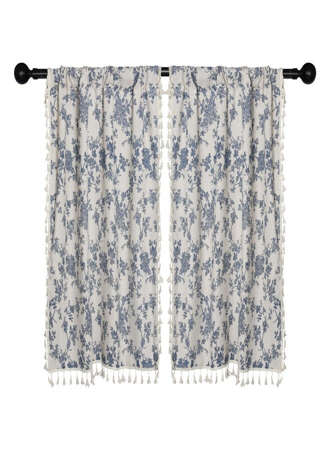 Moslovstar 2 Panels Linen Curtains with Tassels Farmhouse Blue Floral Vintage Semi Sheer Window Curtain for Kitchen Bathroom 26x36 Inch Tiered Curtain - Image 1