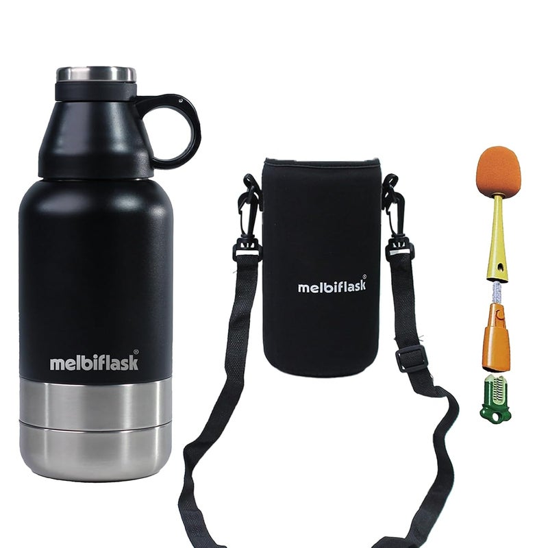 Melbify 3in1 Flask with Storage Bowls Carry Bag Brush Vacuum MelbiFlask Water Bottle Thermosteel Insulated Flask 1 Litre HotCold WaterCoffeeTea Best Flask for Office Travel Black