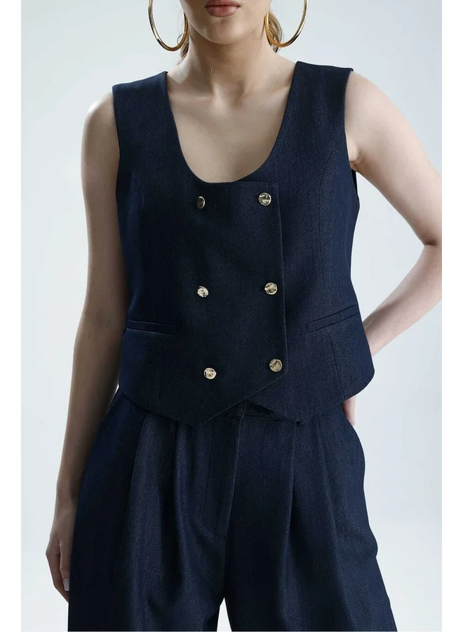 GACACOLLECTION HİLA Dore Buttoned Denim-Style Premium Vest.