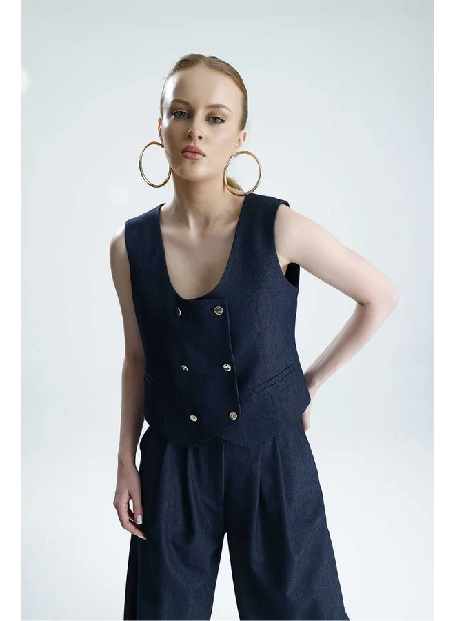 GACACOLLECTION HİLA Dore Buttoned Denim-Style Premium Vest.