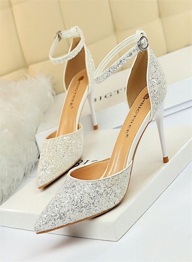 BIGTREE Shallow Pointed Metal High-Heeled Sandals 7.5CM White 
