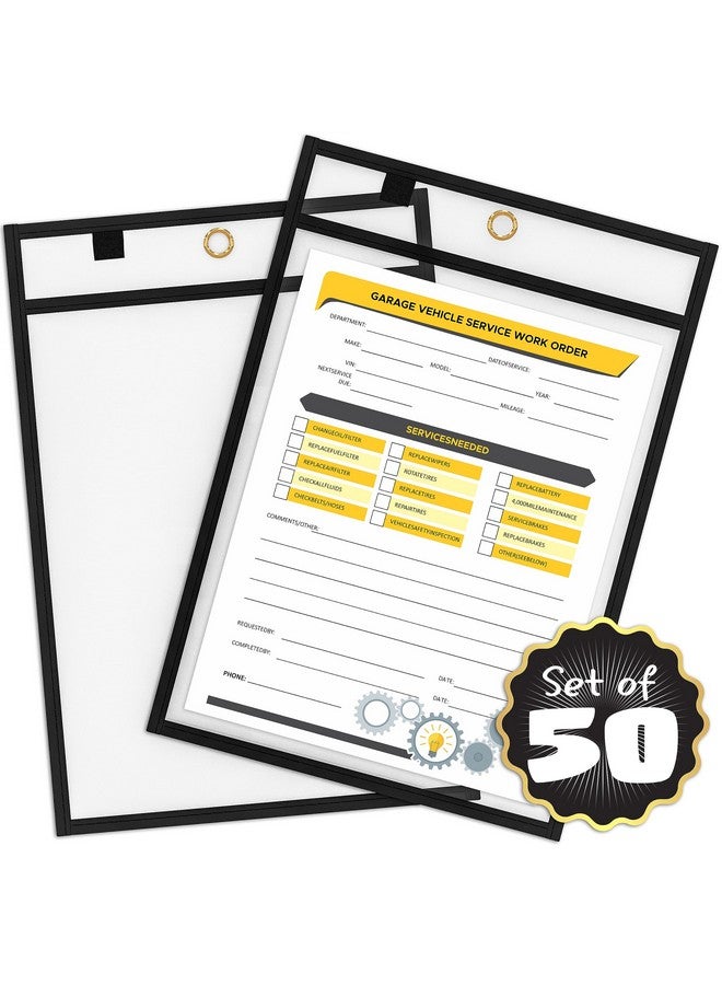 Scribbledo Job Ticket Holders 9X12 (50 Pack) Work Order Plastic Sleeves Clear Folders For Documents Paper Sleeve Hanging Clear Folder Sleeves Black Dry Erase Plastic Sleeves For Documents Shop Holder - Image 1