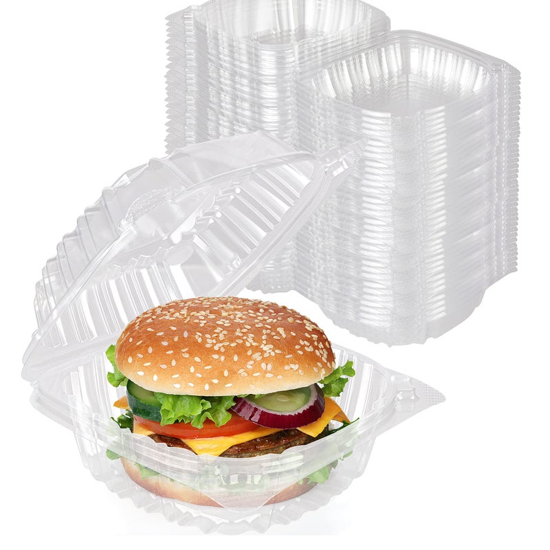 Stock Your Home Disposable Plastic To Go Containers with Clear Lids 100 Pack Fancy Hinged Top Square Clamshell Food Boxes for Take Out Home Party Togo Clam Shell Box to Carry Cake Dessert Small Sandwich