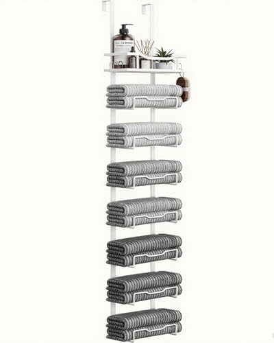 Aetyord Hanging Towel Racks for Bathroom No Drill Over The Door 8Tier Bath Towel Storage Organizer for Small Bathrooms Back Door Large Tiered Towel Holder Hanger for Rolled Towels RV Camper White - Image 1