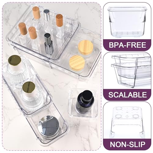 Hiitytin 14 Pcs Clear Drawer Organizer, Adjustable Drawer Storage Box, 3-Size Desk Drawer Organizer, Acrylic Storage Bins for Makeup, Cosmetic, Kitchen Utensils, Bedroom Dressers Tool Organizer for Gadgets - Image 3