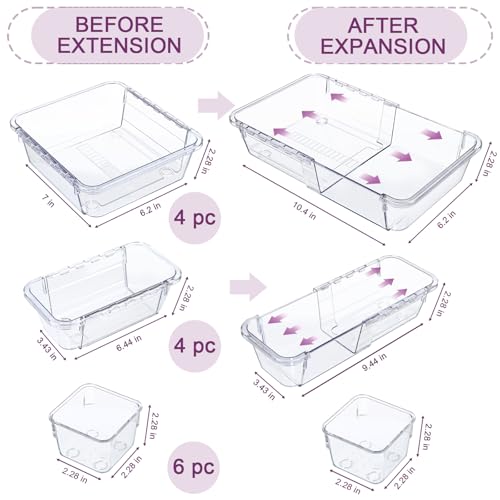 Hiitytin 14 Pcs Clear Drawer Organizer, Adjustable Drawer Storage Box, 3-Size Desk Drawer Organizer, Acrylic Storage Bins for Makeup, Cosmetic, Kitchen Utensils, Bedroom Dressers Tool Organizer for Gadgets - Image 2