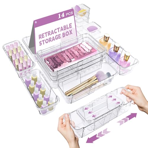 Hiitytin 14 Pcs Clear Drawer Organizer, Adjustable Drawer Storage Box, 3-Size Desk Drawer Organizer, Acrylic Storage Bins for Makeup, Cosmetic, Kitchen Utensils, Bedroom Dressers Tool Organizer for Gadgets - Image 1