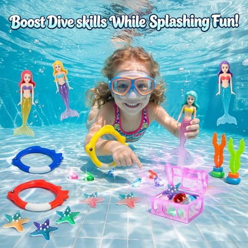 DRAMATION Pool Diving Toys for Kids Ages 312 DRAMATION 25 Pcs Mermaid Dive Pool Toys with Diving Gems and Treasure Chest Diving Rings Storage Bag Summer Beach Swim Water Sinking Toys for Boys Girls 35 48 - Image 5
