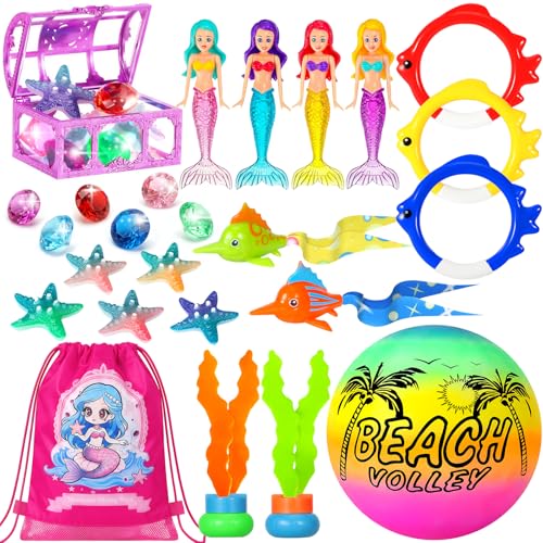DRAMATION Pool Diving Toys for Kids Ages 312 DRAMATION 25 Pcs Mermaid Dive Pool Toys with Diving Gems and Treasure Chest Diving Rings Storage Bag Summer Beach Swim Water Sinking Toys for Boys Girls 35 48 - Image 1