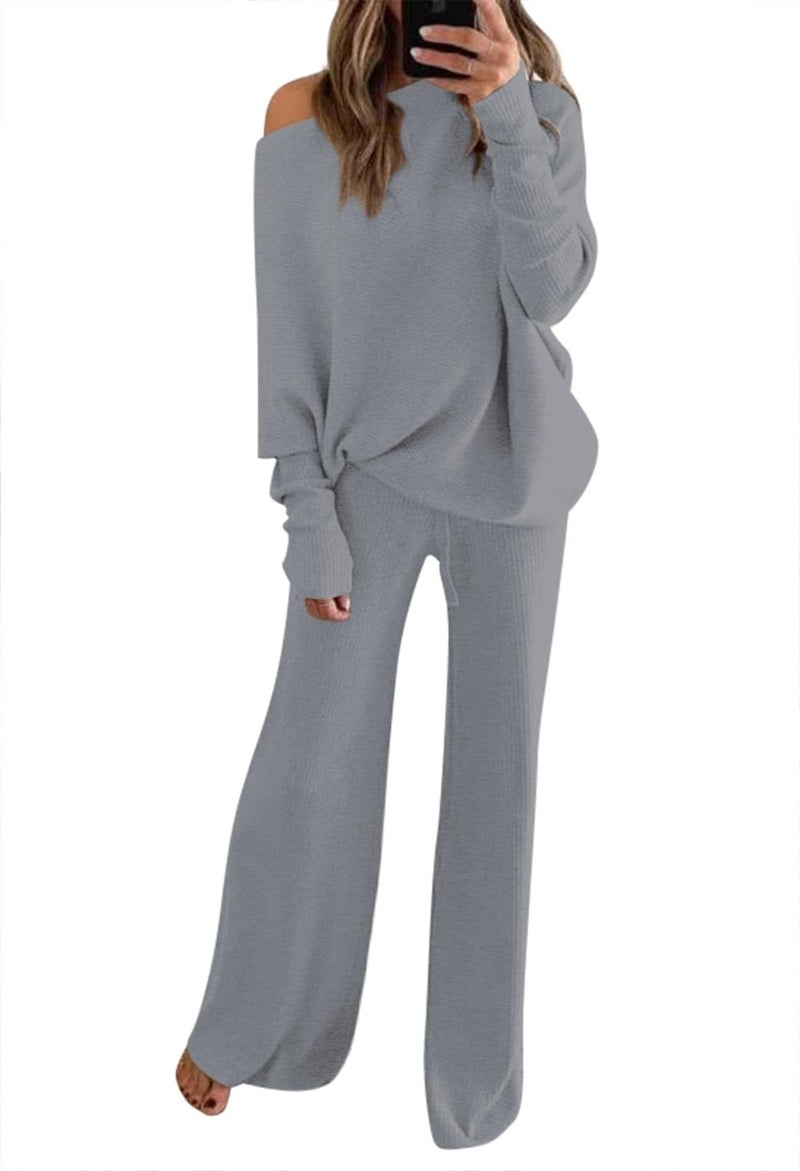 Fixmatti Women 2 Piece Knitted Outfits Bare Shoulder Loose Sweater Top with Knit Pant Sweatsuit Sets Grey S