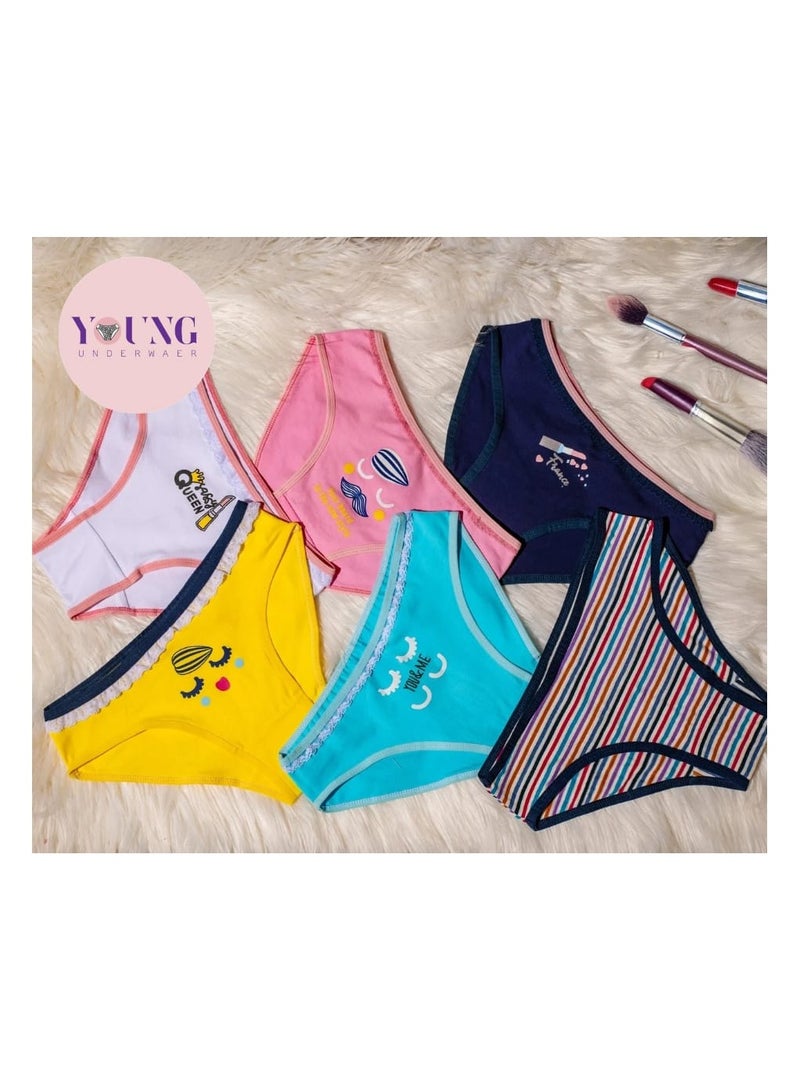 YOUNG WEAR YOUNG UNDERWEAR | Women’s 100% Cotton Bikini Brief Underwear | Multipack | Set of 6 | Available in Plus Size | Solid Cotton Underwear | Colorful Illustrations  - Image 1