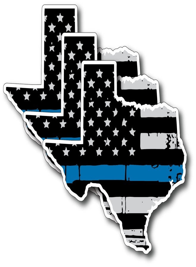 Decals by Haley 3 Pack of State of Texas Shaped Thin Blue Line Police Officer Tattered BLM American Flag Grunge Style Vinyl Decal Sticker Car Truck 5" x 4.7" - Image 1