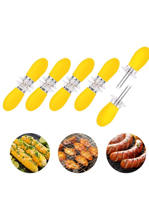 12pcs Corn Cob Skewers Stainless Steel Corn on The Cob Holders Skewers with Silicone Handle BBQ Grill Food Prongs Skewers Forks Party Yellow