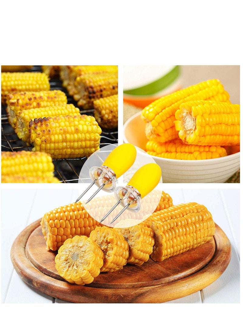 12pcs Corn Cob Skewers Stainless Steel Corn on The Cob Holders Skewers with Silicone Handle BBQ Grill Food Prongs Skewers Forks Party Yellow