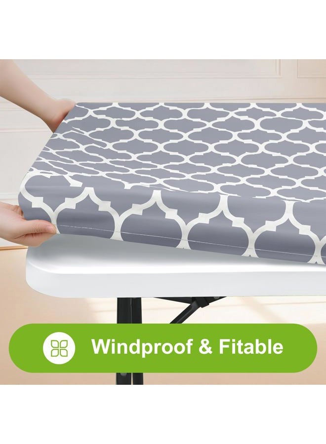 Smiry Rectangle Picnic Table Cover, Waterproof Elastic Fitted Camping Tablecloths for 6 Foot Tables, Wipeable Flannel Backed Vinyl Tablecloth Protector for Indoor, Outdoor (Grey, 36x72 Inches) - Image 2