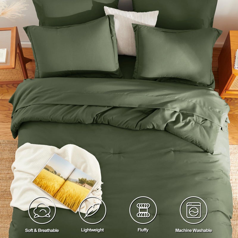 HIMEET Queen Comforter Set - 7 Pieces Bed in a Bag Queen Size, Luxury Comforter Set with Sheets for All Season, Bed Set with Comforter, Flat Sheet, Fitted Sheet, Pillowcases & Shams, Olive Green - Image 2
