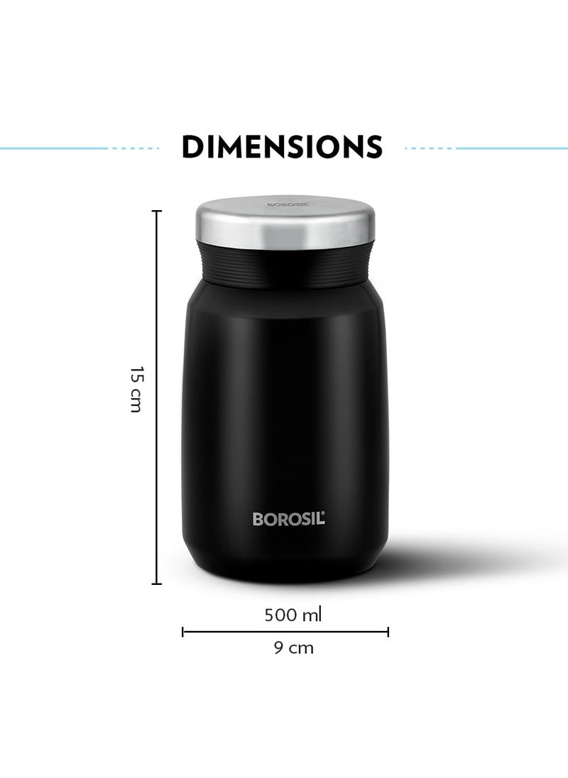 BOROSIL Borosil Hydra Carry Mate 500 ml Stainless Steel Vacuum Insulated Soup Flask & Food Jar with Screw Lid, 12 Hrs Hot & Cold, Spill & Leak Proof Thermos Tiffin for Meals, Soups, Dal, Sambhar | Black  - Image 3
