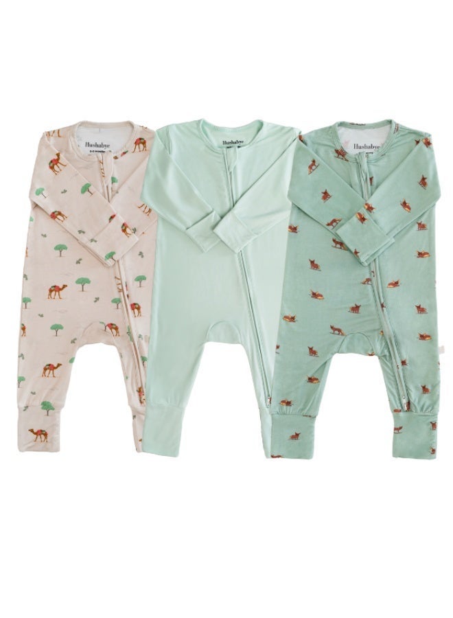 Hushabye – Bamboo Sleepsuit Mix Pack - Camel / Sage / Fox - Image 1