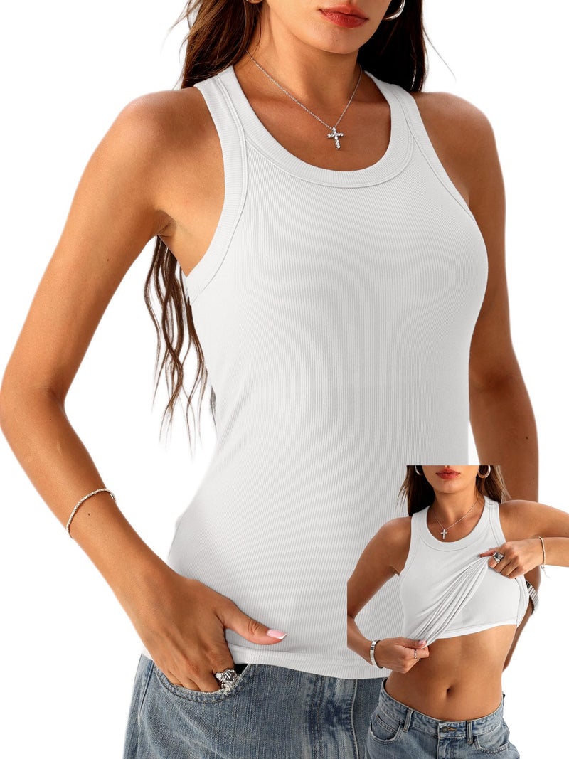 Danysu High Neck Ribbed Cotton Tank Tops for Women with Built in Bra Non See Through Thick Strap Cami Tops Angel White Medium - Image 1