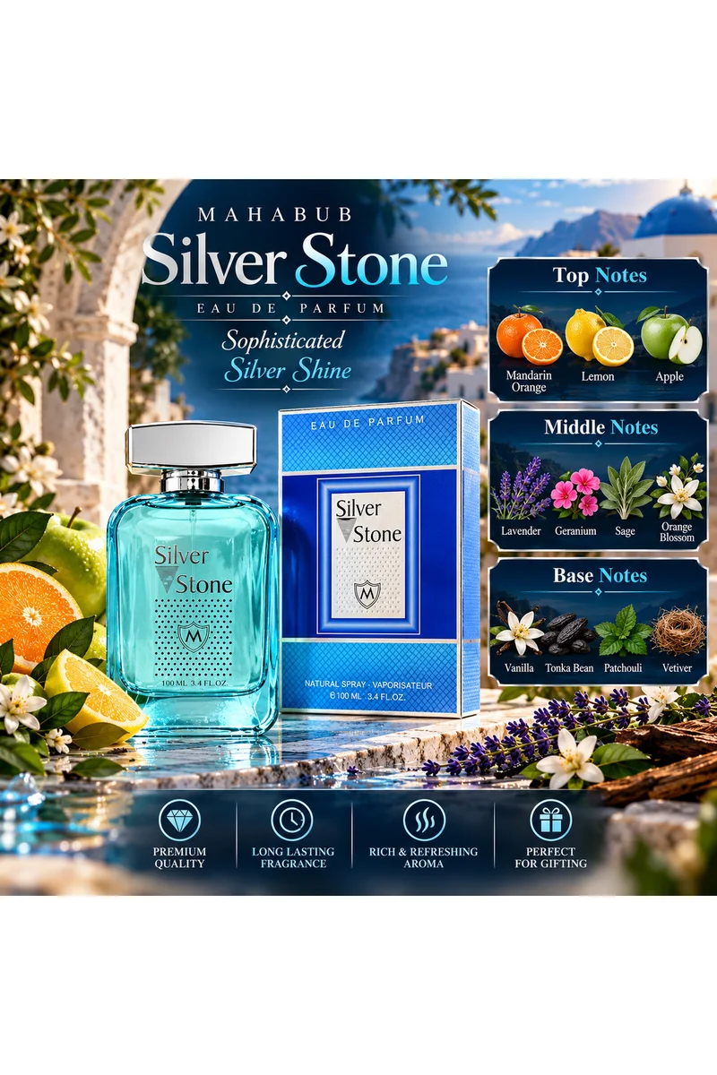 mahabub Silver Stone Eau De Parfum 100ml | Fresh, Fruity & Woody Fragrance