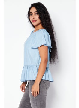 promod Women Boat Neck Short Sleeve Plain Top, Light Blue  - Image 3