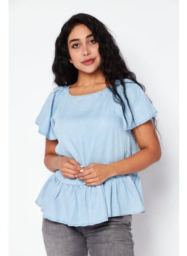 promod Women Boat Neck Short Sleeve Plain Top, Light Blue  - Image 1