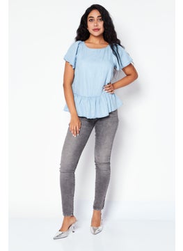 promod Women Boat Neck Short Sleeve Plain Top, Light Blue  - Image 2