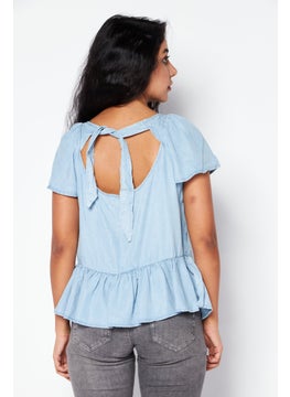 promod Women Boat Neck Short Sleeve Plain Top, Light Blue  - Image 4