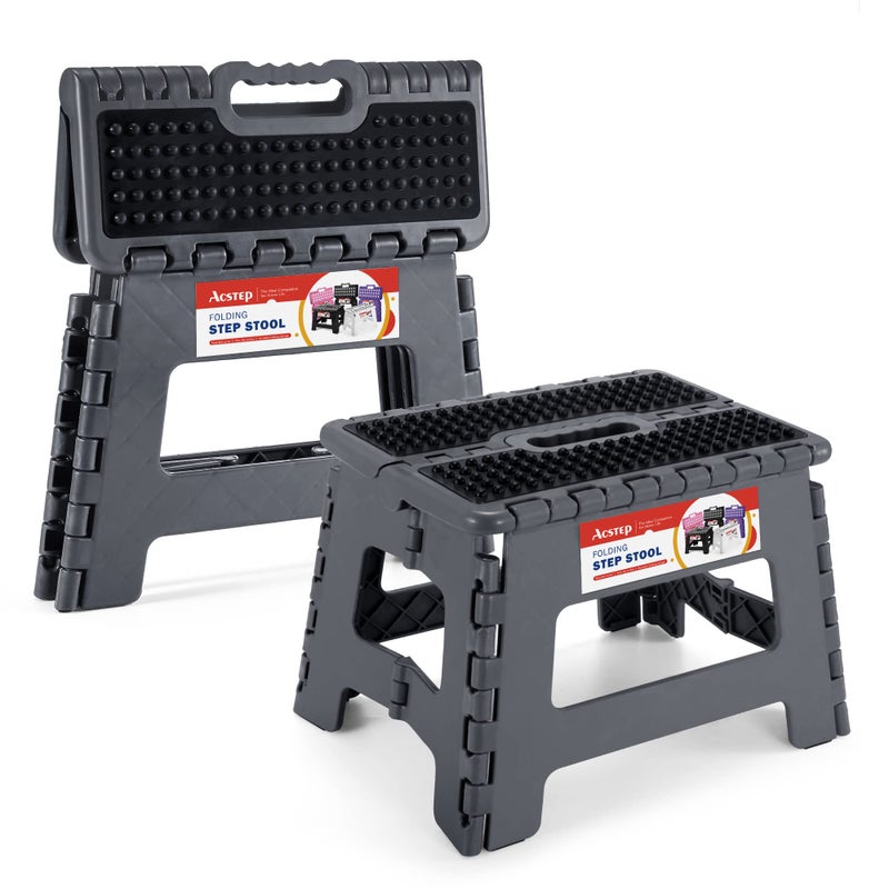 ACSTEP Folding Step Stool 9 inch Height Non-Slip Plastic Step Stools for Kids and Adults, Kitchen Collapsible Fold Up Small Stepping Stool Grey,1 Pack - Image 1