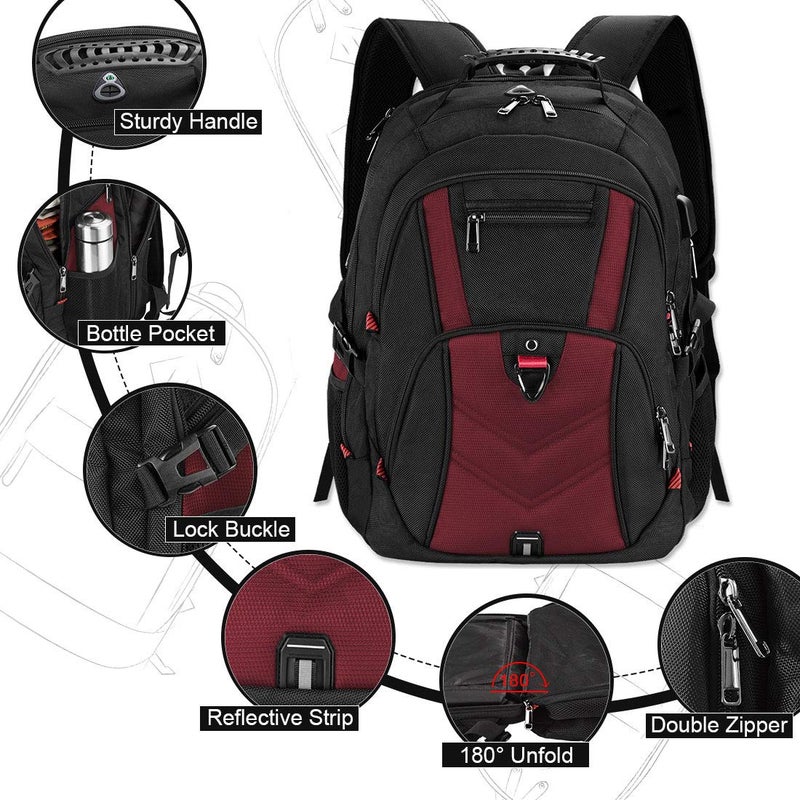 NEWHEY NEWHEY Laptop Backpack 18 Inch Business Travel Backpacks for Men Women Extra Large Waterproof TSA Anti Theft College Bookbags with USB Charging Port 18.4 Gaming Computer Backpack,Deep Red  - Image 4
