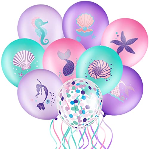 Zomiboo 36 Pcs Mermaid Party Balloons Set Mermaid Purple Pink Green Teal Confetti Balloon for Under the Sea Theme Birthday Decorations Kids Girls Boys Ocean Birthday Princess Party Supplies - Image 1