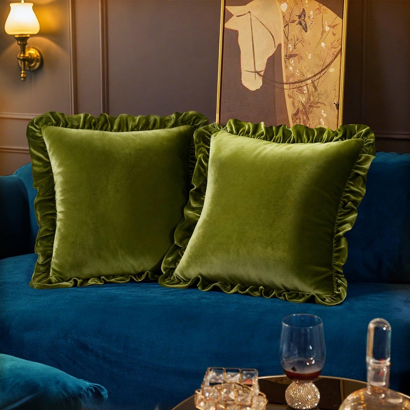 Cobedzy Velvet Throw Pillow Covers Set of 2, Soft Decorative Ruffle Cushion Cases for Couch Sofa Bedroom, 18 x 18 Inches, Olive Green - Image 1