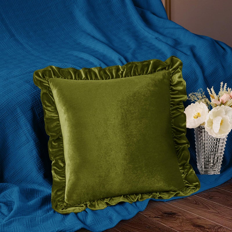 Cobedzy Velvet Throw Pillow Covers Set of 2, Soft Decorative Ruffle Cushion Cases for Couch Sofa Bedroom, 18 x 18 Inches, Olive Green - Image 2