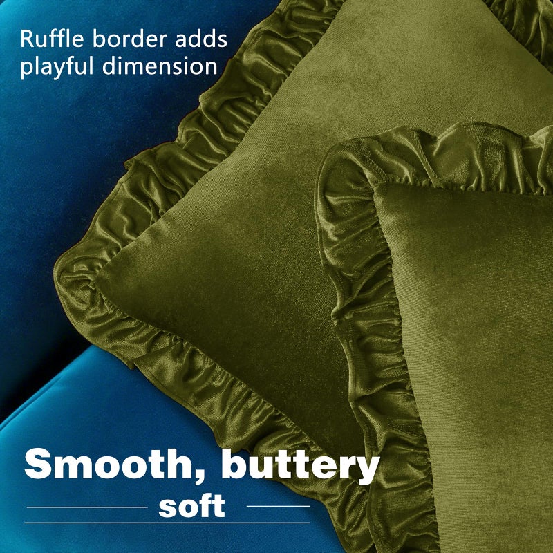 Cobedzy Velvet Throw Pillow Covers Set of 2, Soft Decorative Ruffle Cushion Cases for Couch Sofa Bedroom, 18 x 18 Inches, Olive Green - Image 5