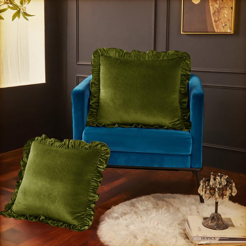 Cobedzy Velvet Throw Pillow Covers Set of 2, Soft Decorative Ruffle Cushion Cases for Couch Sofa Bedroom, 18 x 18 Inches, Olive Green - Image 3